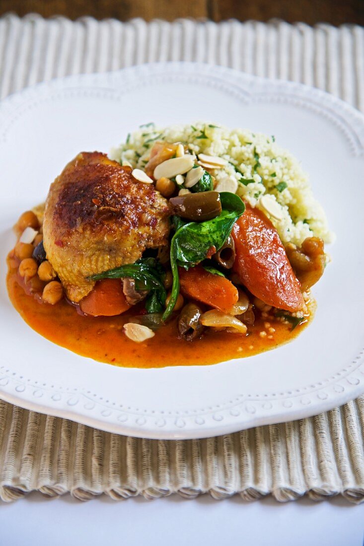 Braised chicken with vegetables and couscous
