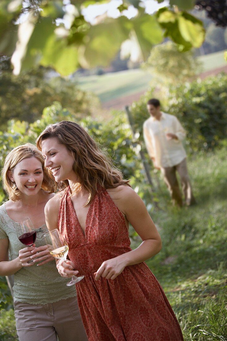 EditFriends Enjoying Wine While Walking Through Vineyard, Rocheport, Missouri