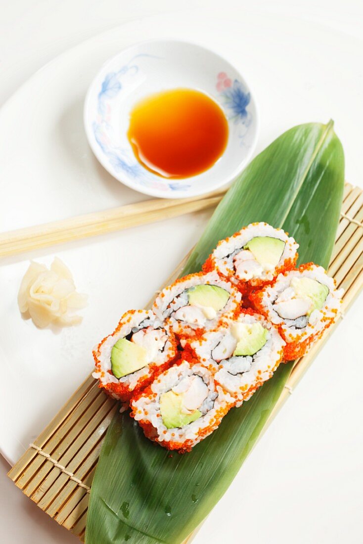 California rolls with avocado, ginger and soy sauce