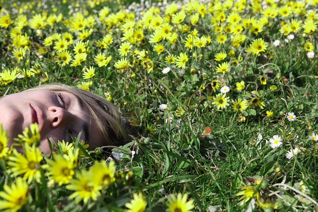 Schlafende Frau zwischen gelben Wiesenblumen