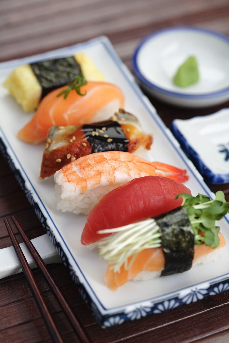Close up of Nigiri sushi and wasabi