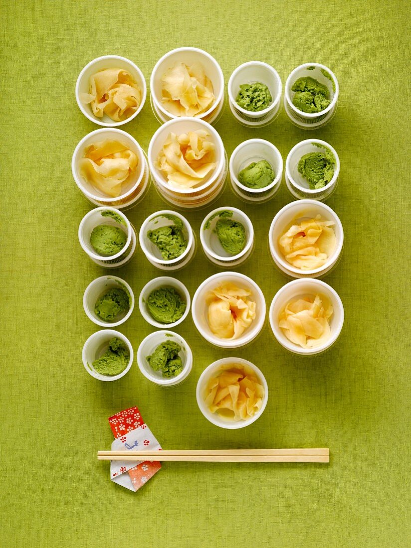 Cups of Ginger and Wasabi with Chopsticks