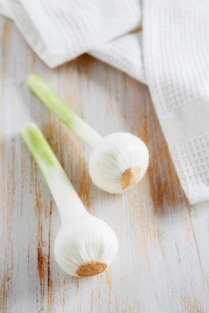Fresh bulbs of garlic by a tea towel