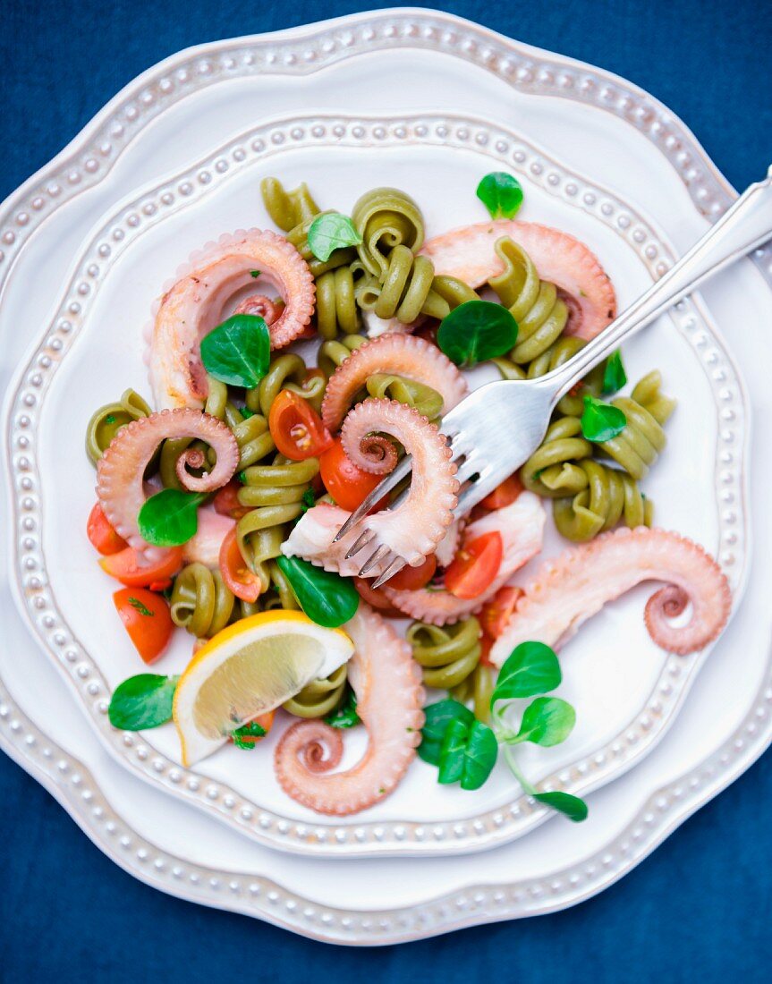 Pasta salad with octopus and tomatoes (seen from above)