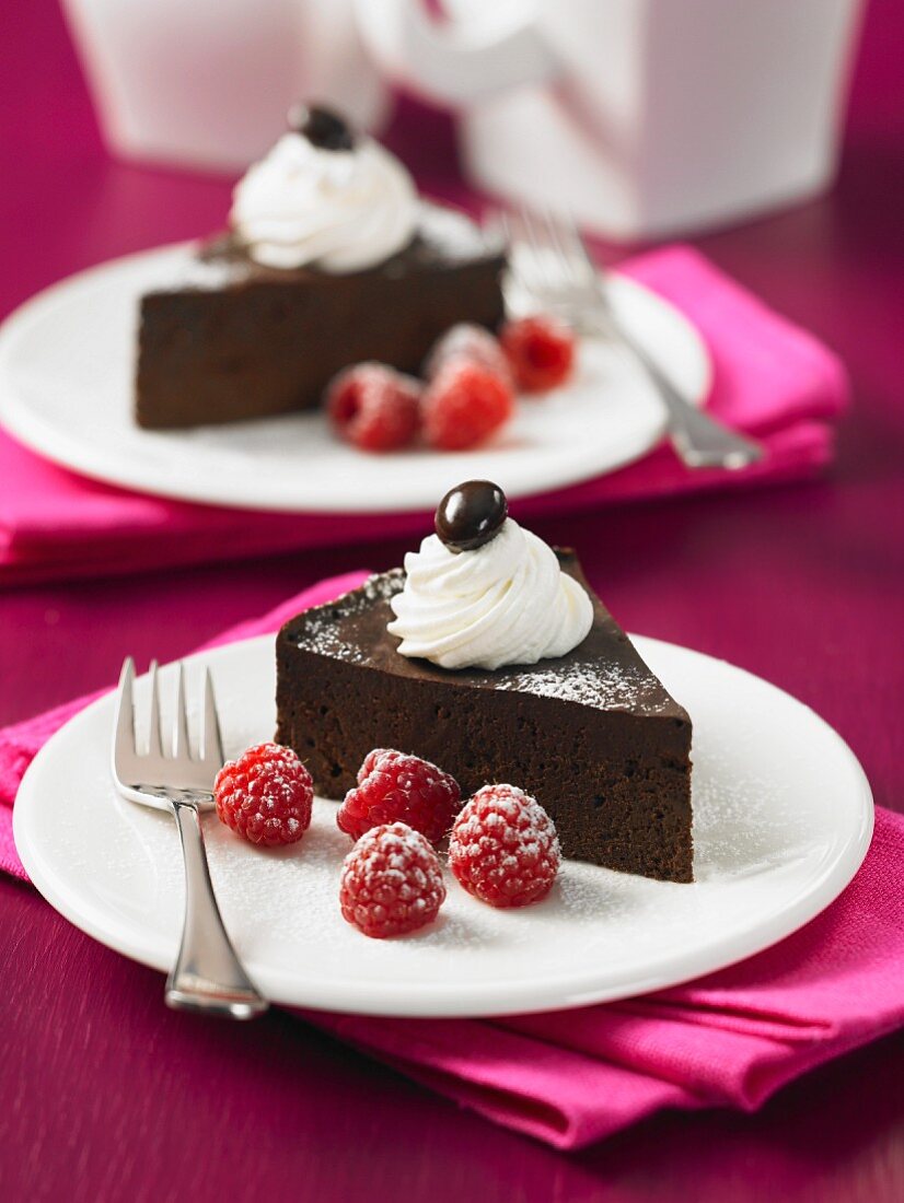 Two slices of chocolate espresso cake with raspberries and cream