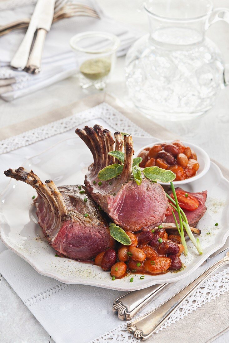 Lamb chops with assorted beans in tomato sauce