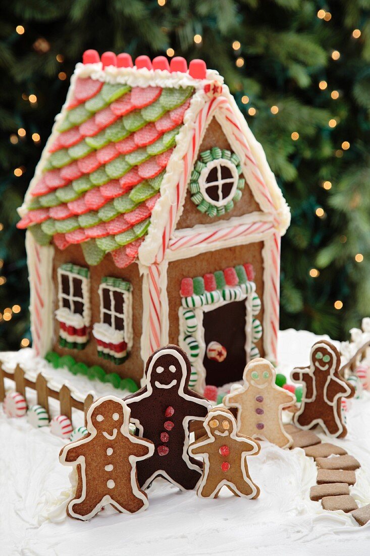 A gingerbread house and gingerbread men