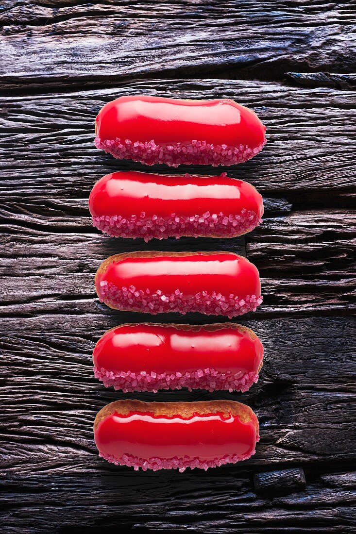 Red-glazed eclairs (seen from above)