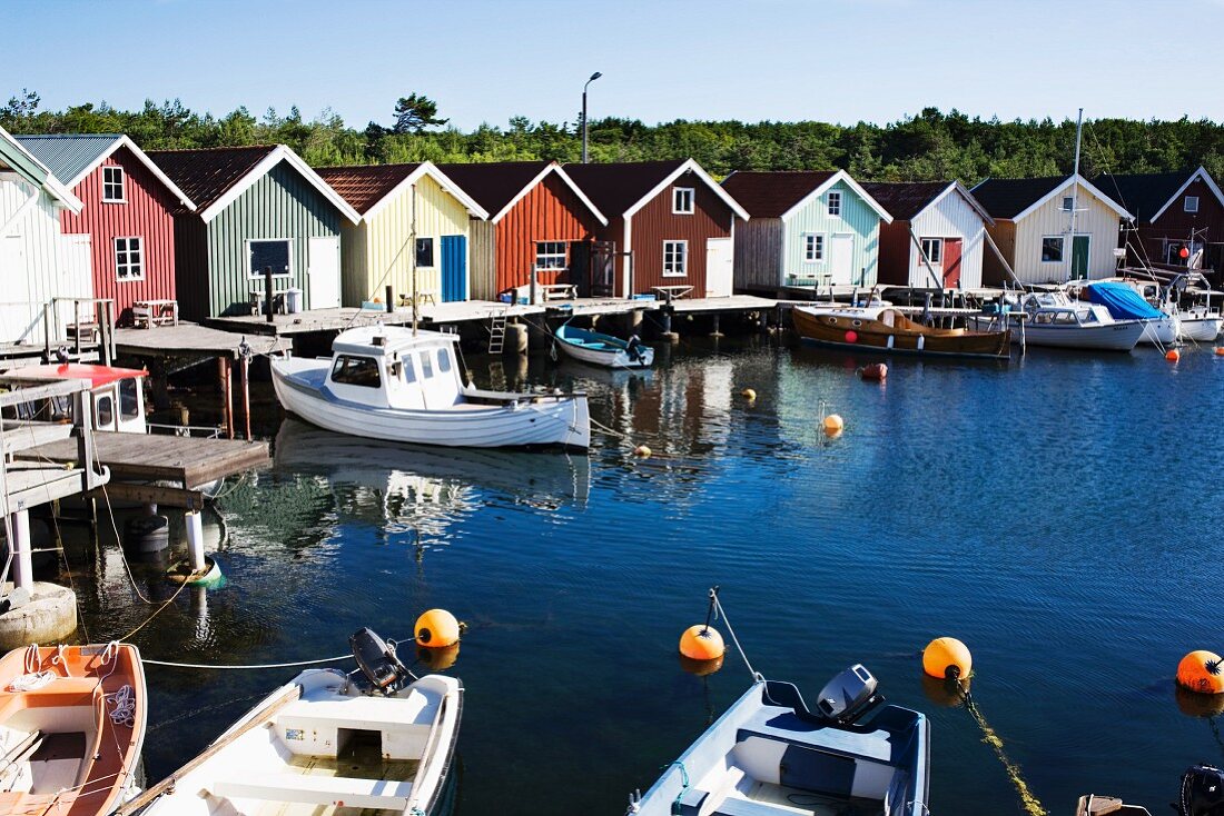 Small Cottages and Boathouses Along Quaint West Coast Harbor, Sweden