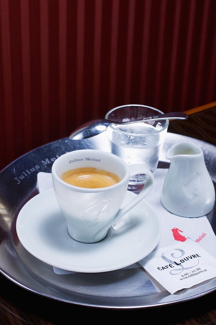 Espresso, Milch und Wasser auf Tablett im Café