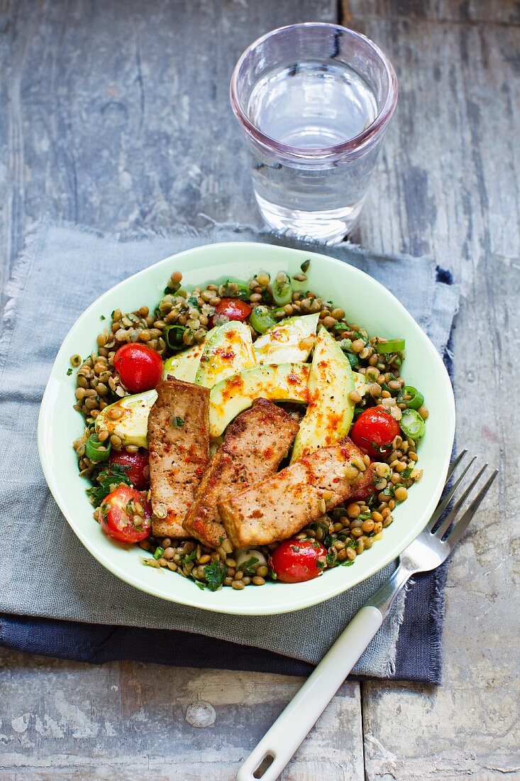 A lentil salad with tofu and avocado