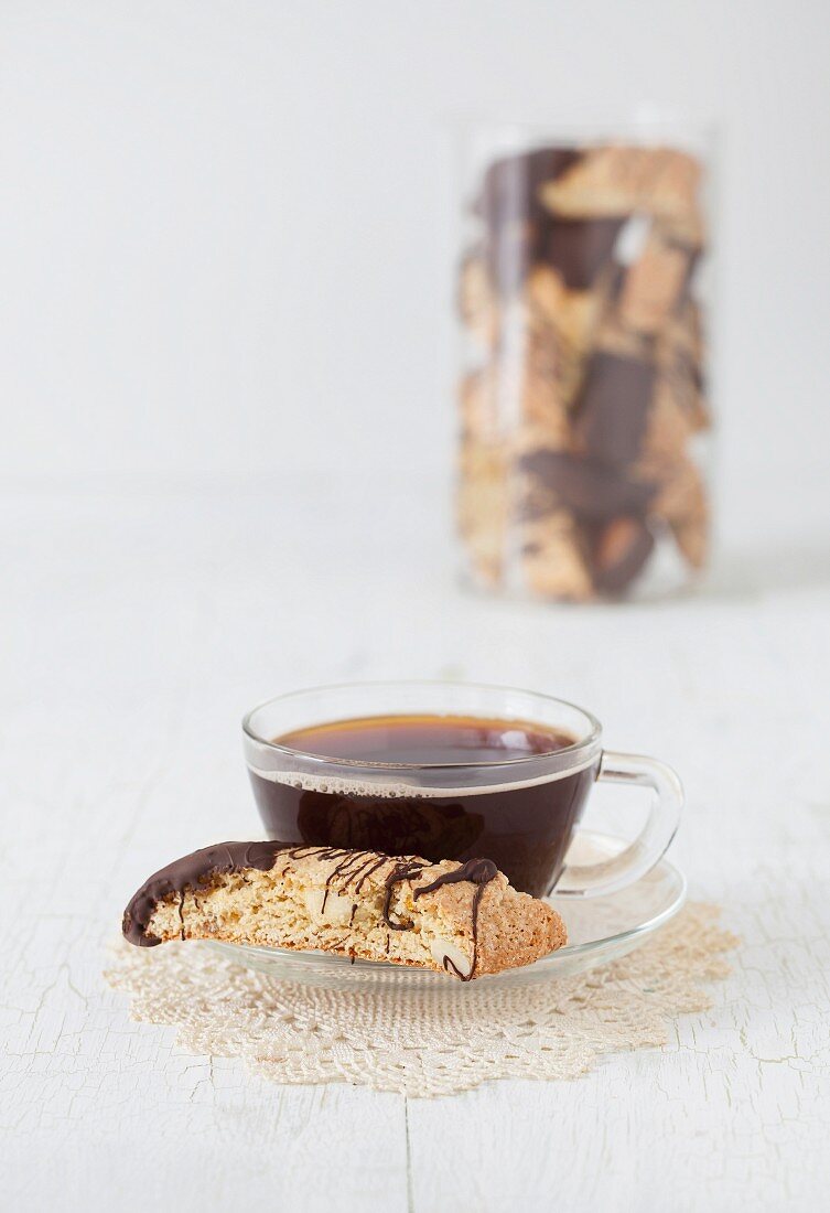 Orange ginger biscotti with cup of coffee