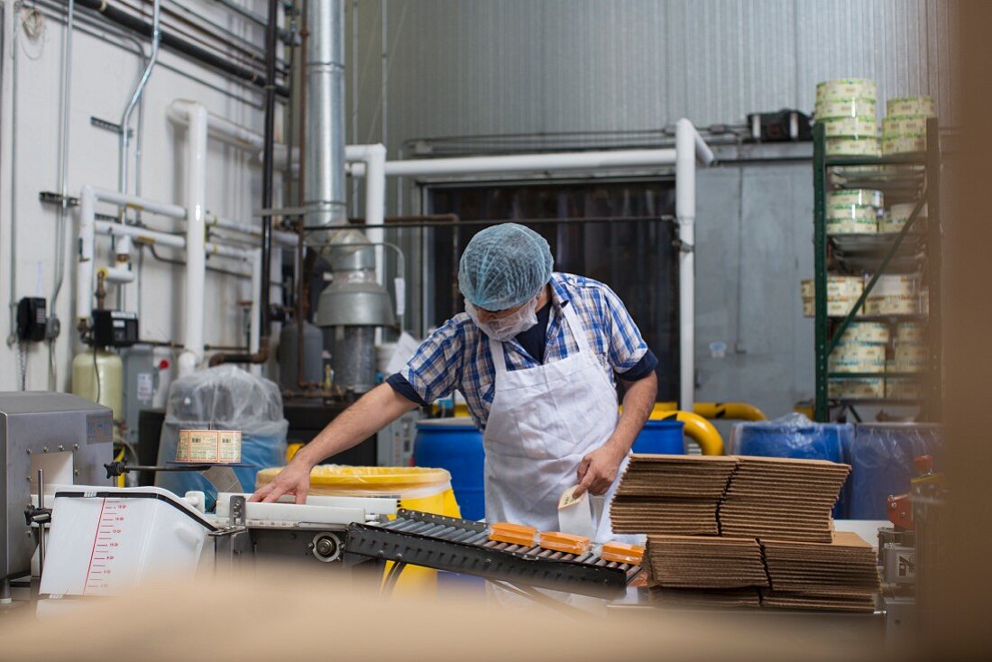 Arbeiter an Verpackungsmaschine für veganen Käse (USA)