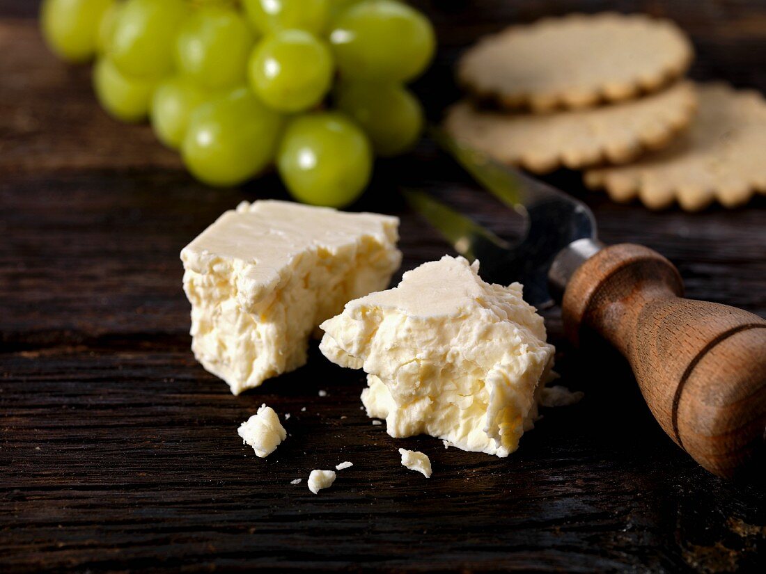 Wensleydale cheese with grapes and biscuits from Yorkshire, England