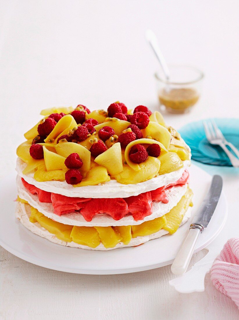 An ice cream cake with meringue and mango and raspberry sorbet