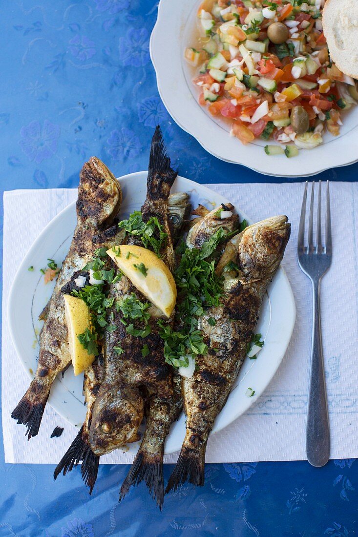 Cooked fish on plate, Djerba, Tunisia