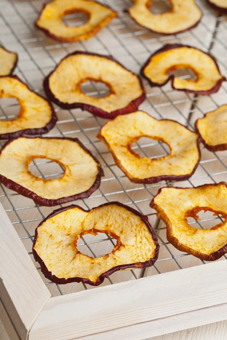 Dried apple rings on a drying rack
