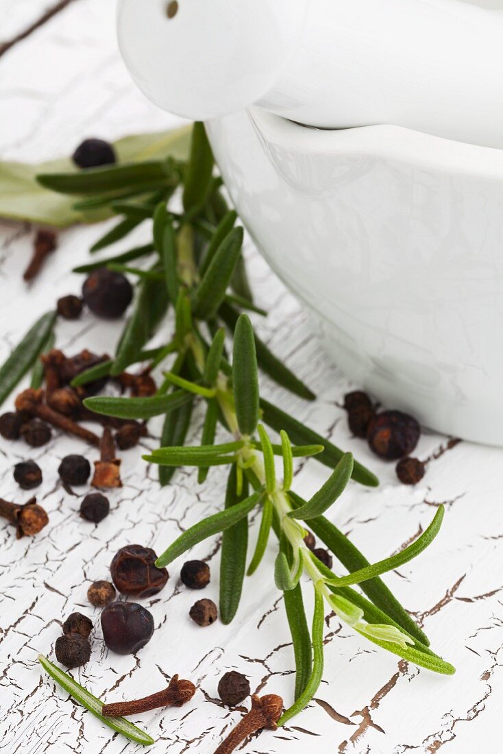A mixture of wild spices: rosemary, pepper, juniper berries and cloves with a mortar