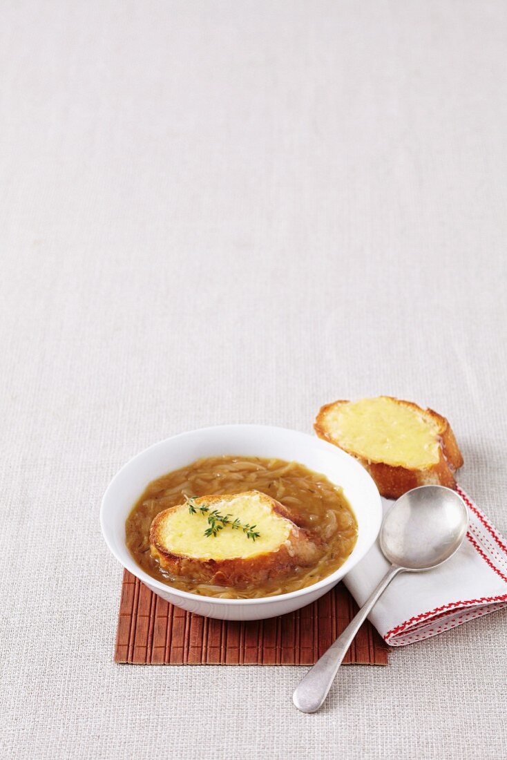 French onion soup with a Gruyere baguette