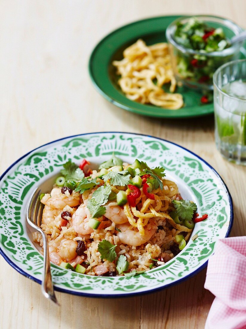 Nasi goreng with prawns and raisins