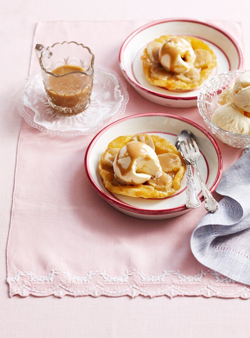 Banana rum tart tatin with vanilla ice cream