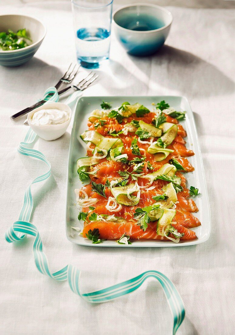 Salmon carpaccio with a courgette salad