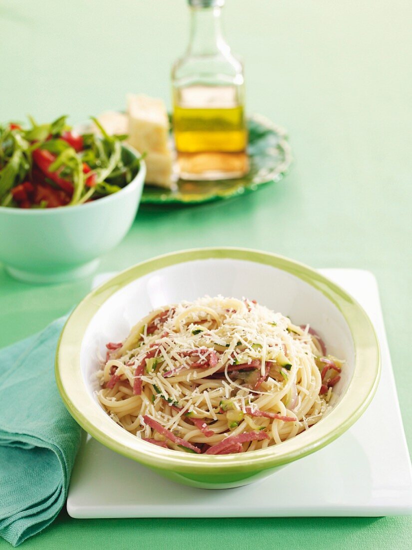 Salami and zucchini spaghetti