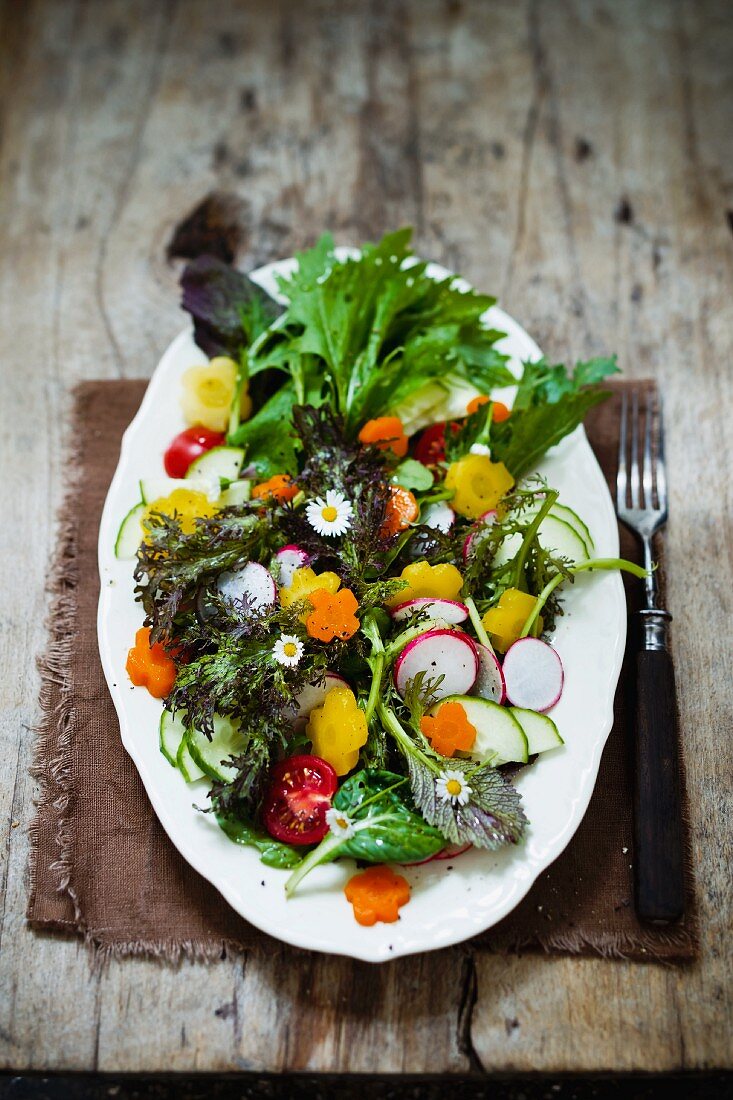 Wild herb salad with carrot flowers and radishes