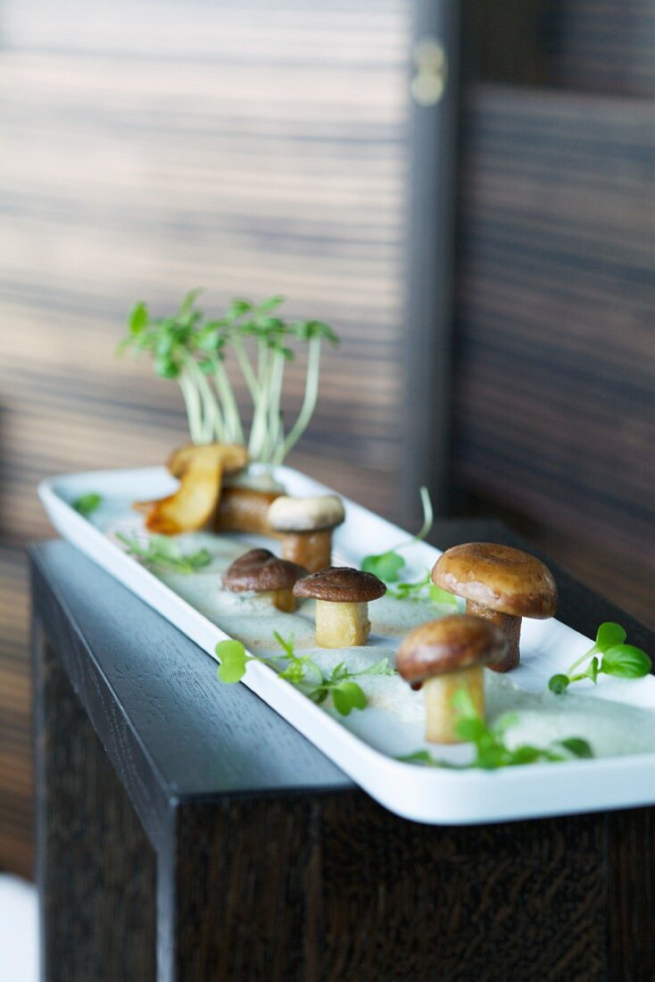 Fried porcini mushrooms with cress