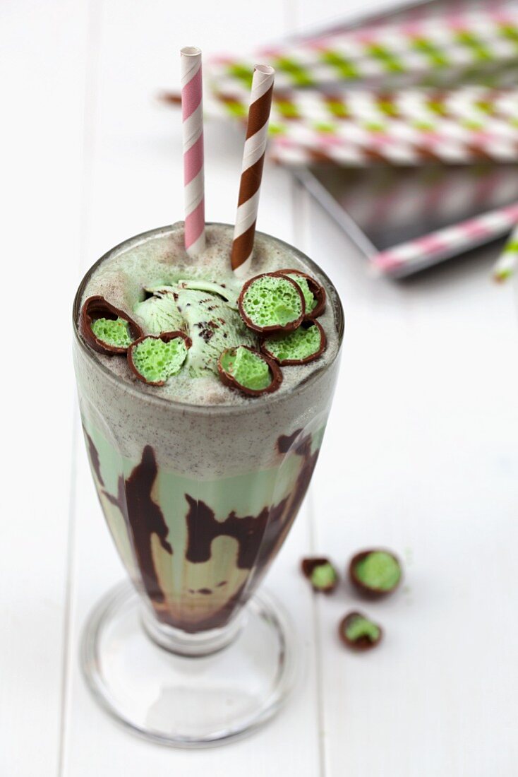 Mint chocolate ice cream milkshake with mint bonbons