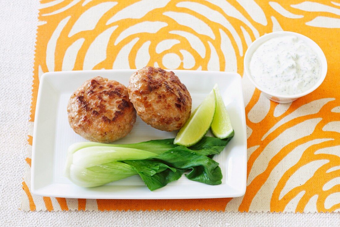 Meatballs with bok choy and yogurt sauce with mint