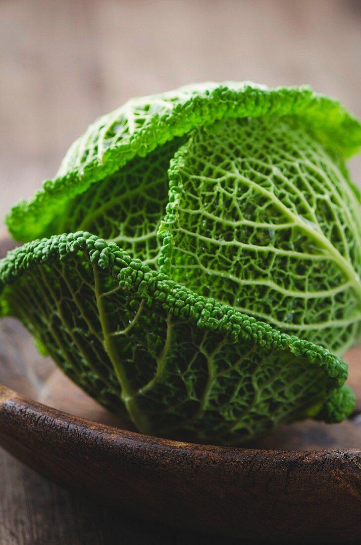 A savoy cabbage in a wooden bowl