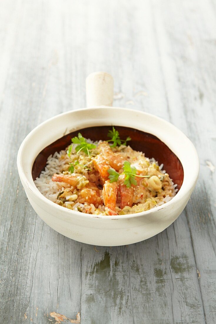 Prawn curry with coconut on rice