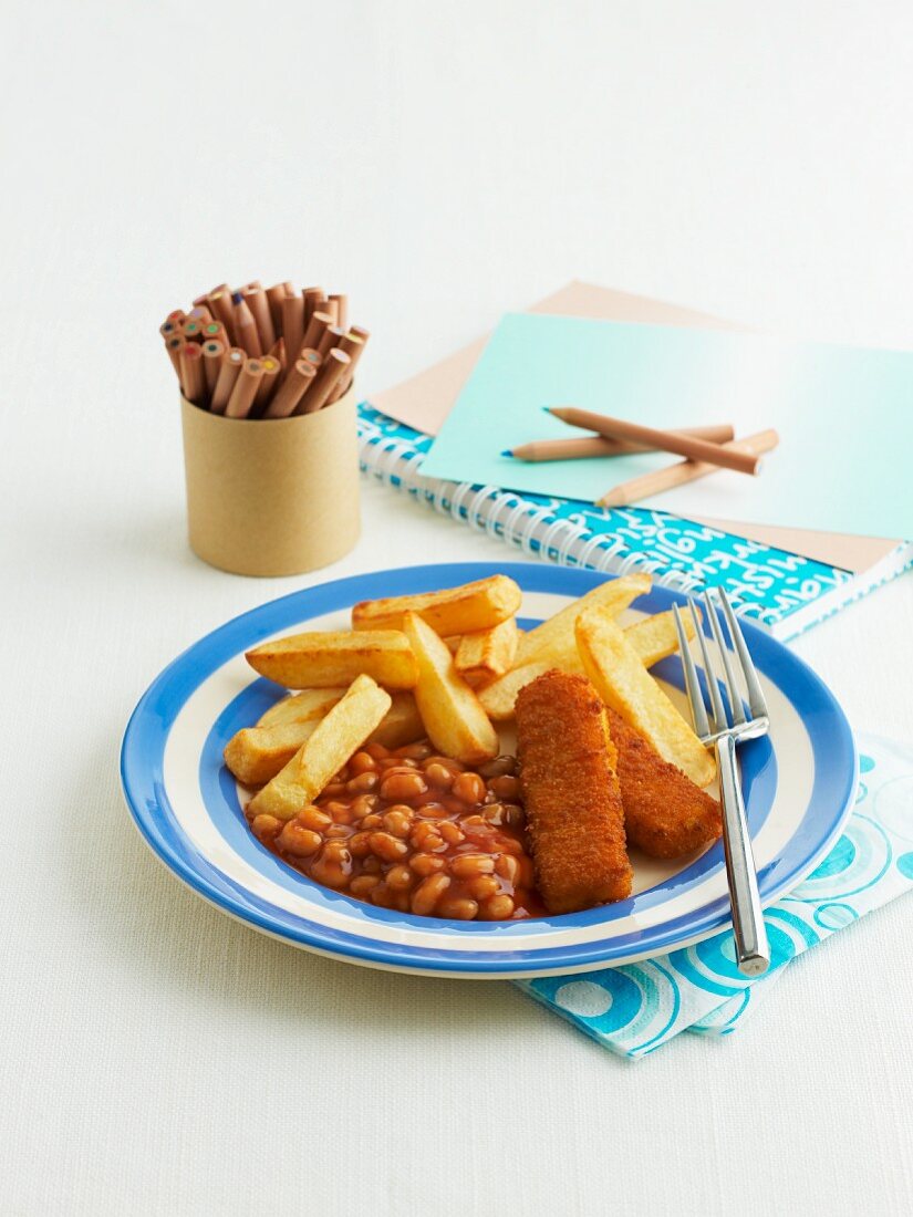 Fish fingers with baked beans and chips