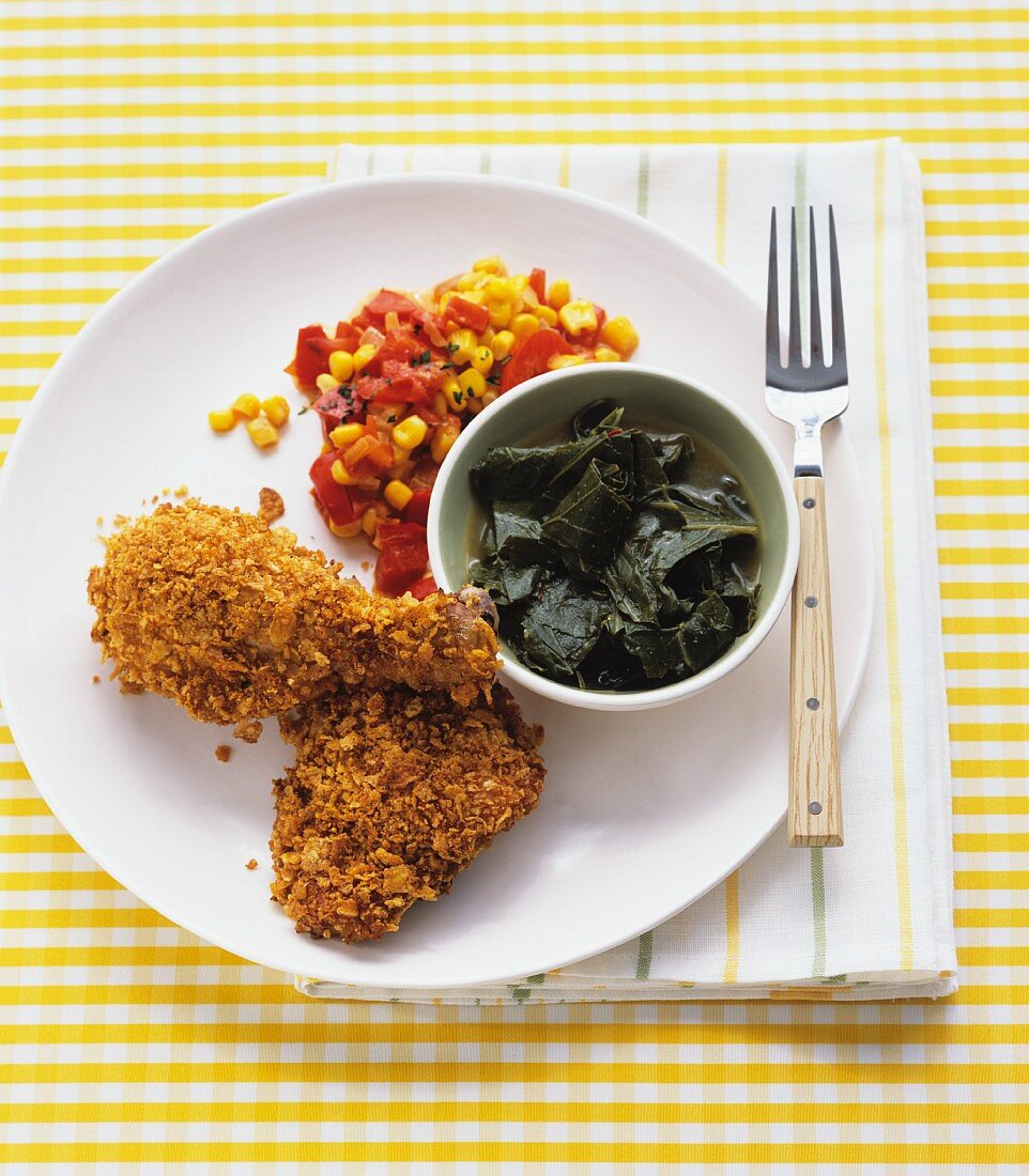 Chicken with a cornflake crust and a side of corn