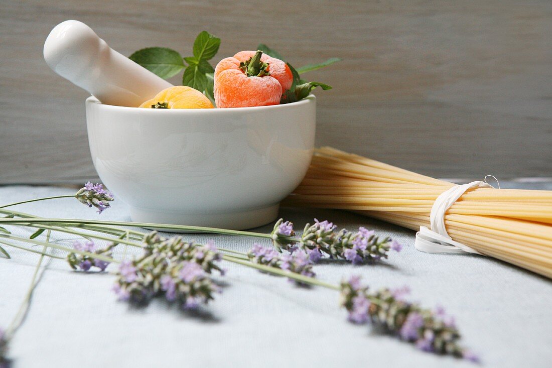 A Mediterranean arrangement featuring lavender and pasta