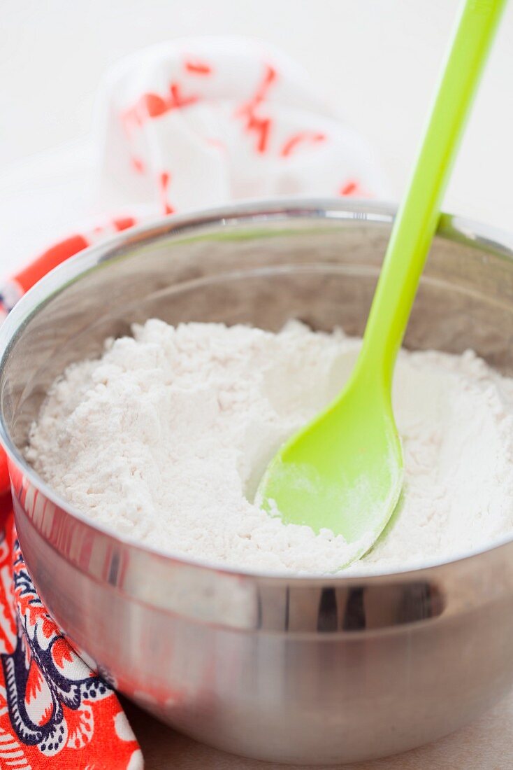 Flour in a metal bowl