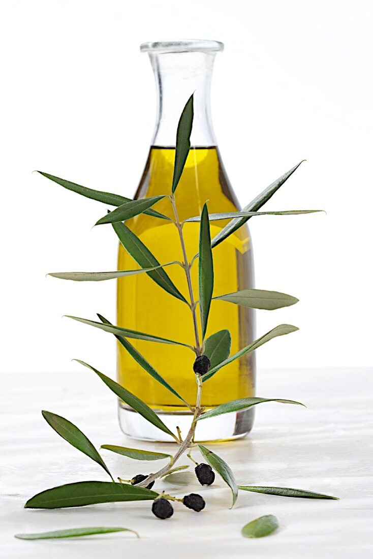 Eine Flasche Olivenöl hinter Olivenzweig