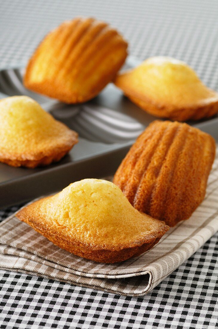 Madeleines on top of the baking tin and next to it