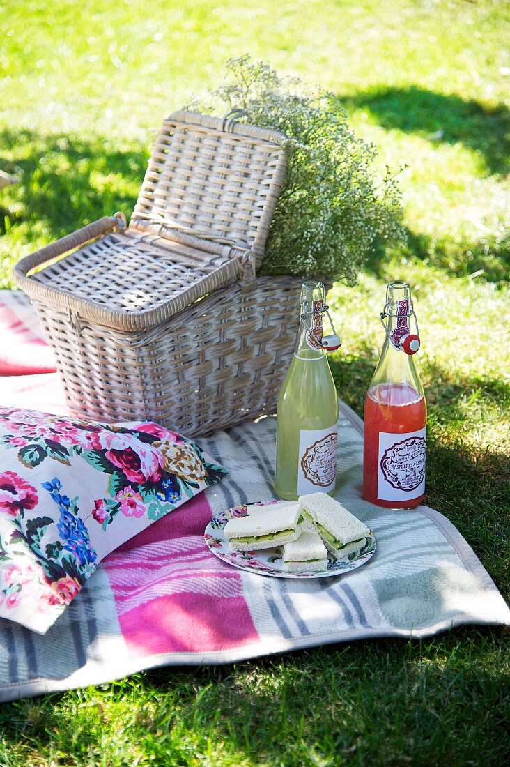 Schnitten auf Teller und Flaschen mit Schnappverschluss vor Picknickkorb mit Schleierkraut dekoriert, auf einer karierten Decke im Freien