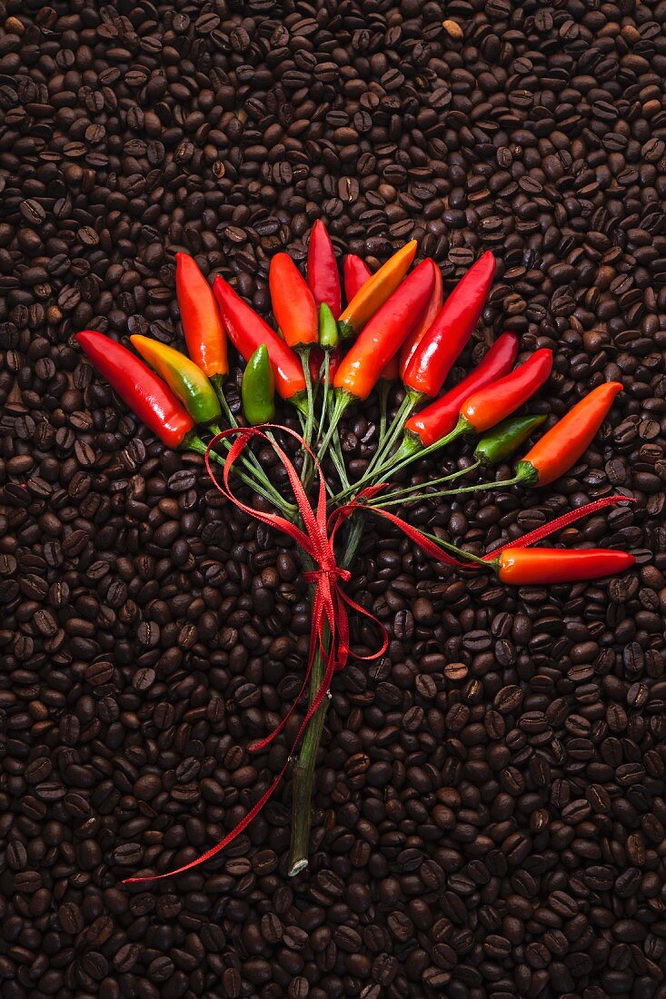 Chillis on a bed of coffee beans