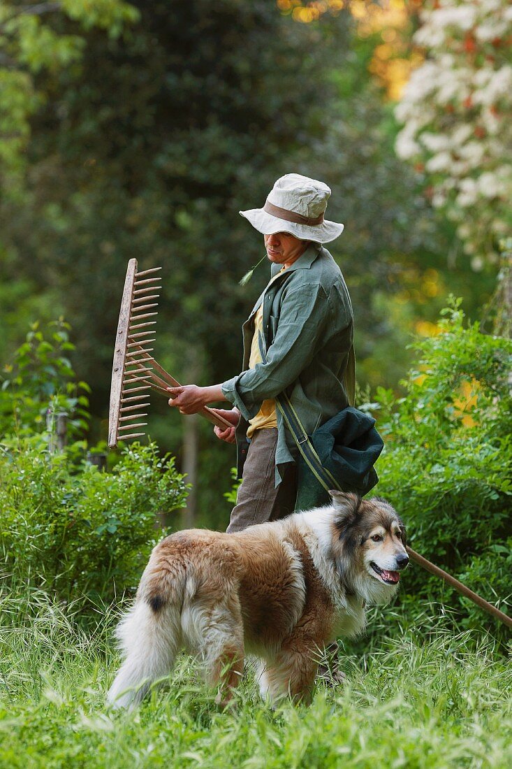 Mann mit Hund bei der Gartenarbeit