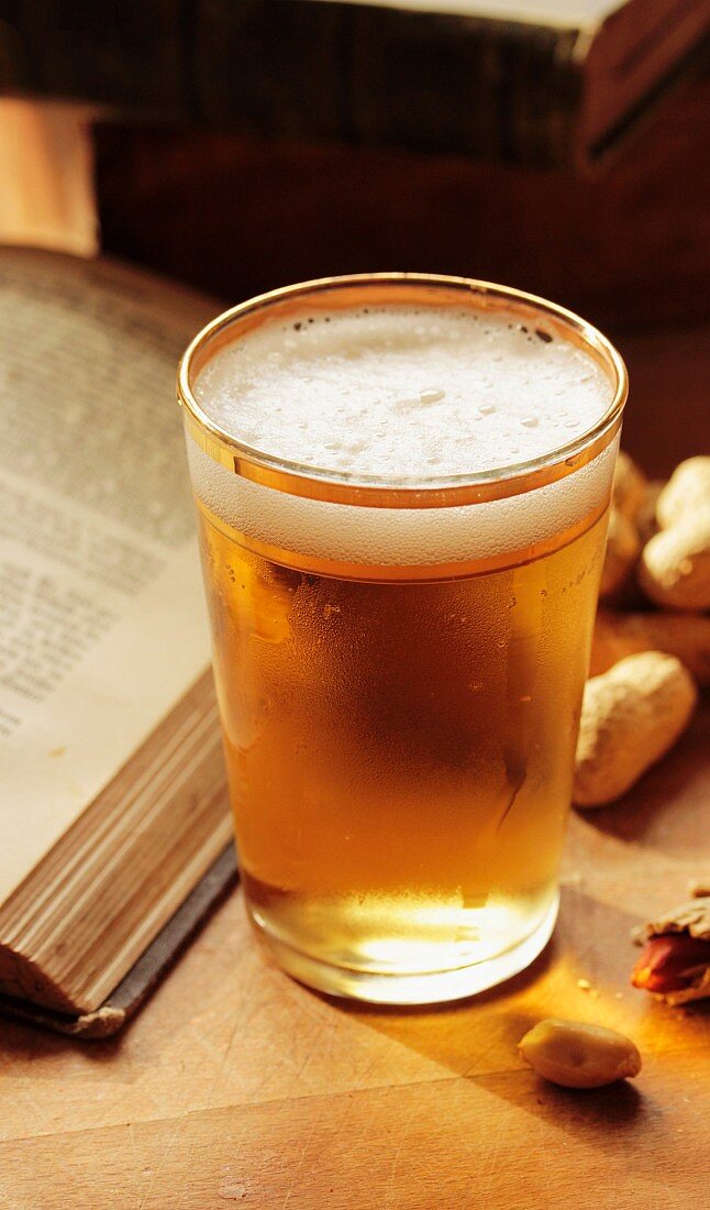 A glass of beer and peanuts next to an open book