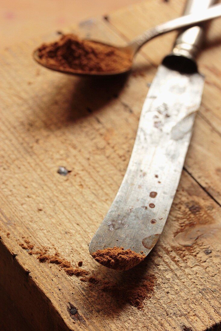 Cinnamon on a spoon and on the tip of an old silver knife