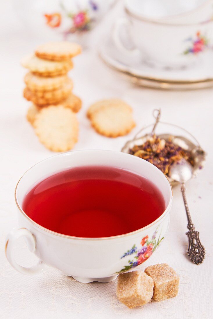 Floral tea with biscuits