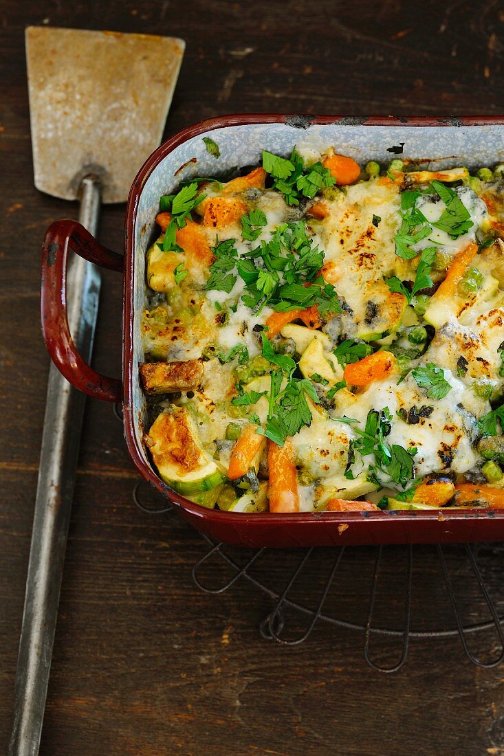 Vegetable bake in an enamel baking dish