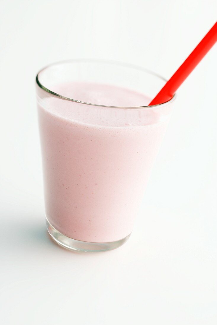 Strawberry Milkshake with a Straw; From Above