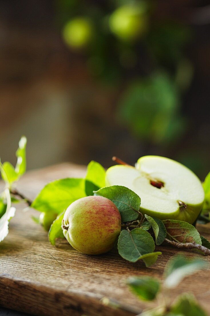 A fresh Granny Smith apple and a sprig from an ornamental apple tree on a wooden board in a garden