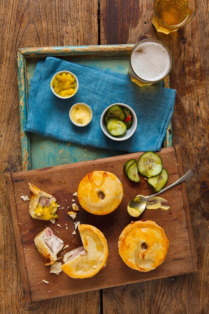 Pork pies with relish and beer (England)