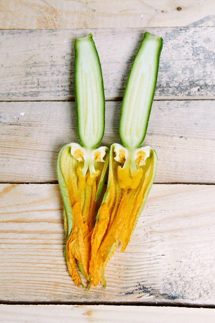 A halved courgette flower